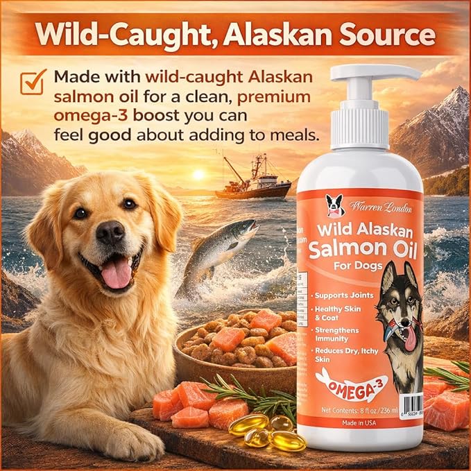 Warren London Wild Alaskan Salmon Oil for Dogs – Omega-3 Fish Oil Food Topper Pump with EPA & DHA for Skin & Coat, Shedding, Joint & Immune Support – Made in USA, 8 oz