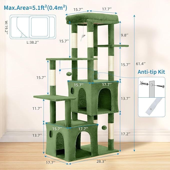 GarveeLife 61" Multi-Level Cat Tree for Indoor Cats, Heavy-Duty Tower for Large Adult & Maine Coon Cats with Oversized Perch, Dual Condos, Natural Sisal Scratching Posts & Play Toys – Green