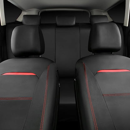 CAR PASS Leather Car Seat Cover Full Set with Steering Wheel Cover and 2PCS Seat Belt Shoulder Pads,for Trucks and SUV with Built-in Seatbelts and Front Seat Side Armrests(Combo Set, Black and Red)