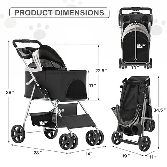 MoNiBloom 3 in 1 Foldable Pet Stroller for Small & Medium Dogs, Detachable Carrier, Car Seat, Push Button Entry, 4-Wheel Jogger for Pets up to 33 lbs, Black