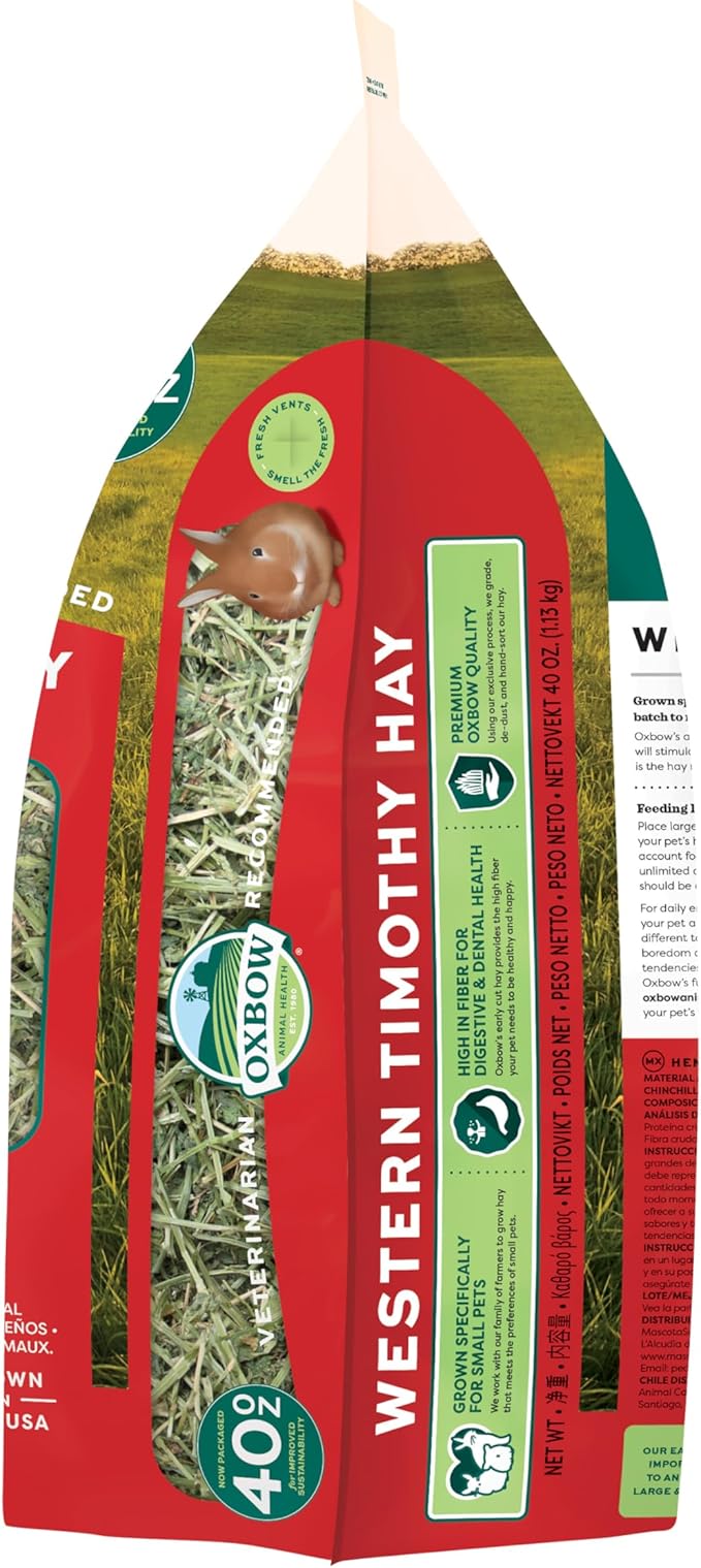 Oxbow Western Timothy Hay for Small Pets – All-Natural Grass Hay for Rabbits, Guinea Pigs, and Chinchillas – High Fiber for Digestive Health and Dental Support – 40 oz Bag