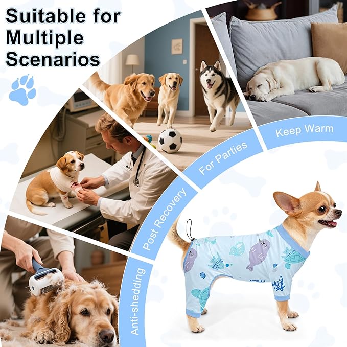 Bienbee Dog Pajamas, 4 Pack Dog Recovery Suit Shedding Suit Cute Soft Puppy Clothes Dogs Pjs Onesies Jammies Adjustable Breathable & Stretchy Clothes for Small Medium Large Dogs Girl Boy Puppy-S