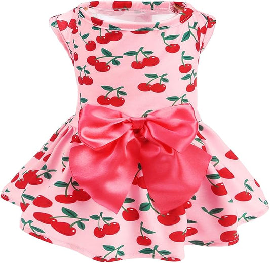PUPTECK Print Dog Dress Pet Apparel with Cute Bowtie Puppy Clothes Outfit, Cherry, M
