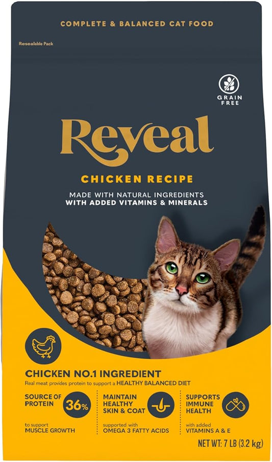 Reveal Natural Adult Dry Cat Food, High Protein, Grain Free with Added Vitamins & Minerals, Complete & Balanced Nutrition for Cats, Chicken Recipe (7 Pound Bag)