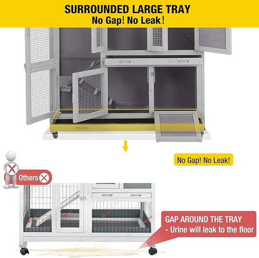 Aivituvin Two Story Rabbit Hutch Bunny Cage with Wheels, Indoor Outdoor Guinea Pig Cage with 2 Deep No Leak Tray