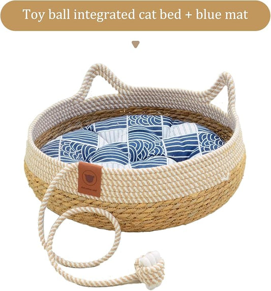 Natural Cat Bed Straw Nest Woven Pet House Handmade Braided Cute Cats Ears Cattail Leaf with Soft Cushion and Toy Ball 18 x 18 Inches