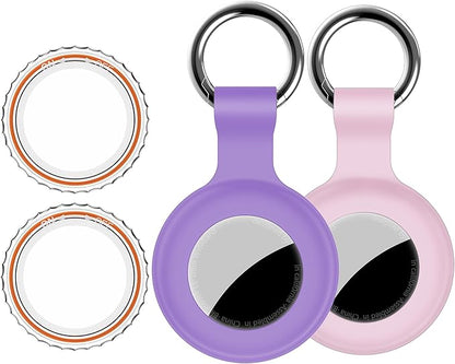 1|2|4Pack for Apple AirTag Holder,for Air Tag 2nd &1st Genaretion,Waterproof GPS Tracker Air Tag Keychain with Cover Anti-Scratch Silicone for Air-Tag Case for Pets,Kids,Bags,Luggages-Pink+Purple