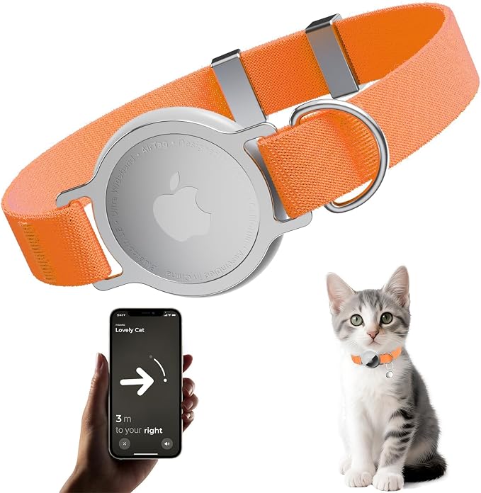 AirTag Cat Collar, Elastic Tracker Collar with Airtag Holder and Bell | Compatible with Apple Air Tag, Lightweight & Scratch Resistant, Adjustable Stepless GPS Pet Collar for Cats Kittens, Orange