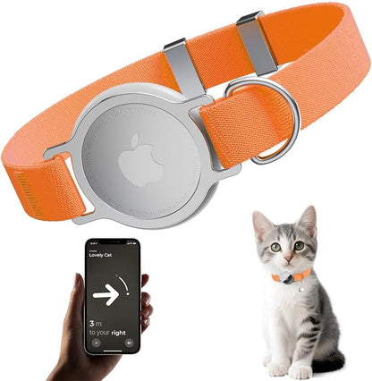 AirTag Cat Collar, Elastic Tracker Collar with Airtag Holder and Bell | Compatible with Apple Air Tag, Lightweight & Scratch Resistant, Adjustable Stepless GPS Pet Collar for Cats Kittens, Orange