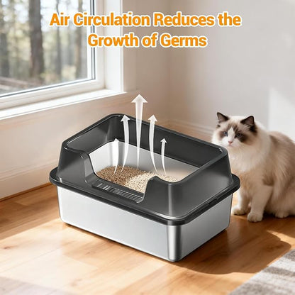 Enclosed Stainless Steel Cat Litter Box with Lid Extra Large Litter Box for Big Cats XL Metal Litter Pan Tray with High Wall Sides Enclosure, Non-Sticky, Anti-Leakage, Easy Cleaning