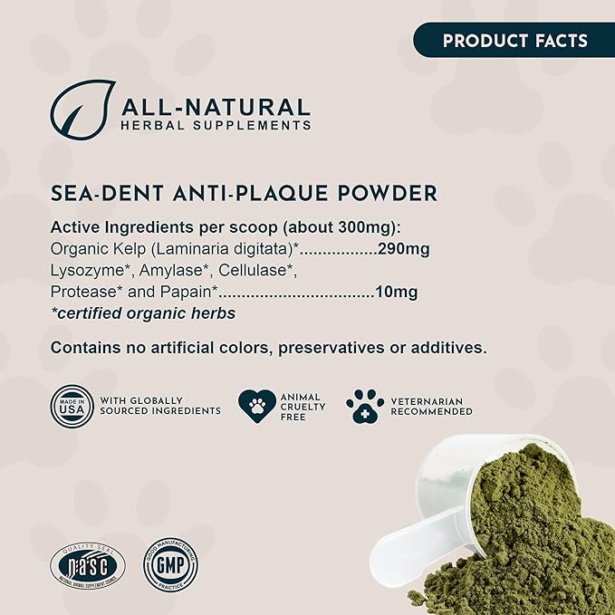 Animal Essentials Sea-Dent for Dog Teeth - Dental Powder for Dogs & Cats Teeth & Gums, Natural Oral Formula for Plaque & Tartar, Bad Breath Oral Freshener & Cleaner - 2.5 oz