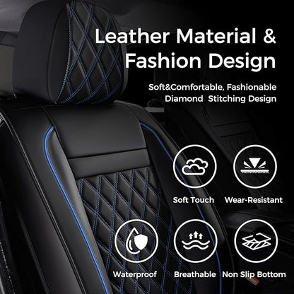 Huidasource Seat Covers Full Set, Nappa Leather Seat Cover, Hollowed-Out Side Compatible with Airbags Child Seat, Velcro Adjustable Universal Fit for Most Cars Vans Trucks SUVs (Full Set/Black＆Blue)