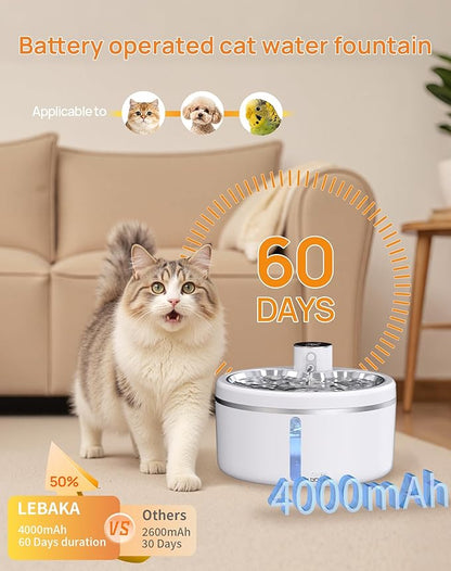 Wireless Cat Water Fountain with Stainless Steel Tray, 84oz/2.5L Pet Fountain for Cats Inside, Cat Fountain for Drinking with Motion Sensor, Ultra Quiet Pump for Pets&Small Animals (84oz+2Filters)