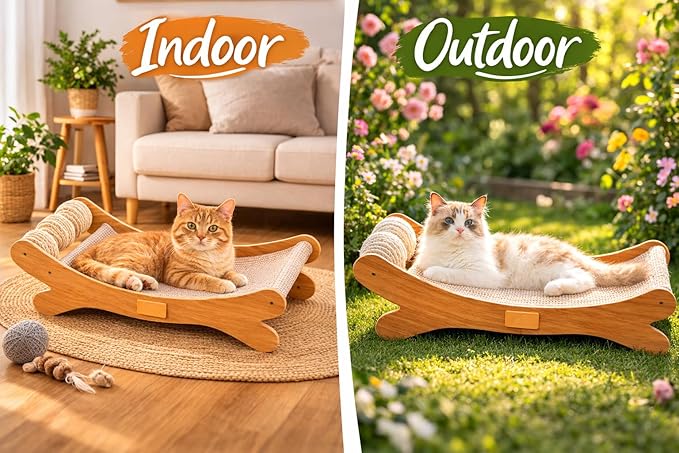 Cat Scratcher Bed Bone Shape Wooden Cat Sofa Bed with Ball Toy Indoor Cat Scratching Lounge Bed Durable Pet Recliner for Cats