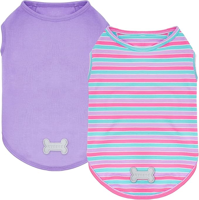 KYEESE 2Pack Dog Shirt, Soft Striped Dogs T Shirts, Lightweight Doggie Tank Top Cat Clothes, Sleeveless Dog Shirt for Small Dogs, Stretchy Pet Vest, Purple+Blue Striped, Small