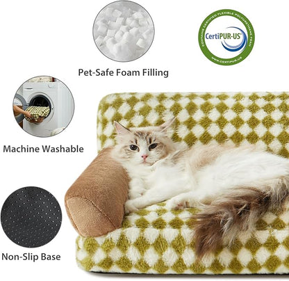 BFPETHOME Cat Couch Bed & Dog Couch Bed, Pet Couch Bed for Small Pet, Cute Dog Sofa Bed, Cat Sofa & Pet Sofa with Non-Slip Bottom, Checkered Dog Bed with Washable Cover (Green&White)