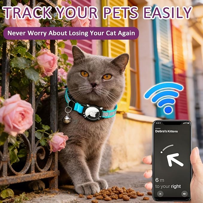 Airtag Cat Collar, Reflective Cat Collar with Apple Air Tag Holder, Breakaway GPS Tracker Pet Collar with Bell for Cat Kitten, Airtag Not Included, Blue, S(9-11 Inch)
