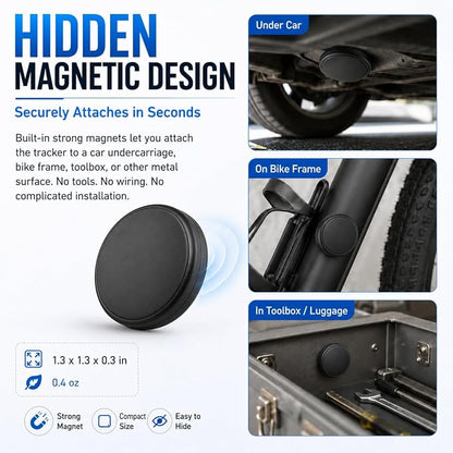GPS Tracker for Vehicles - Hidden Car Tracker Device with Real-Time Location, No Subscription, Magnetic Mini GPS Tracker for Car, Bike, Luggage, Suitable for Phone and Android - Black