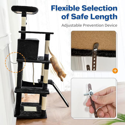 ABCPET Cat Tree Tower 63in Multi-Level Cat Tower for Indoor Cats with Sisal Scratching Posts, Condo, Hammock, Dangling Ball and Extended Platform for Cats to Play, Black