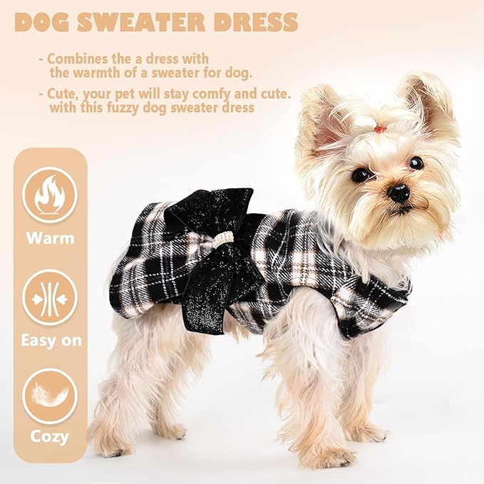 Yikeyo Dog Sweater Dress, Winter Plaid Dog Dress for Small Dogs Girl, Winter Warm Fleece Lining Female Small Dog Clothes, Pet Outfits Coat, Cat Apparel for Holiday, New Year, Valentine’s Day,XS,Black