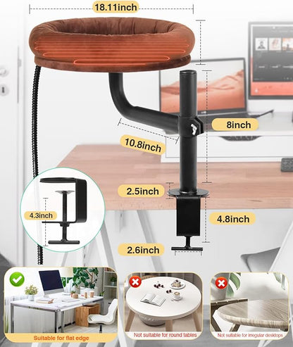Cat Bed for Desk,Keeps Kitten Close and Workspace Clear Cat Bed,Height Adjustable and Rotatable,Drilling-Free(Heated Brown,18.5" Lx17.5 Wx17.5 W)