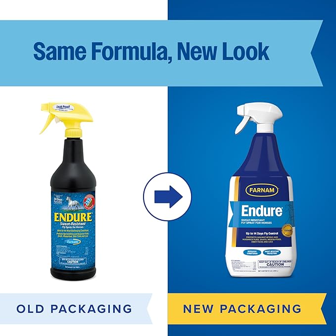 Farnam Endure Fly Spray for Horses - Long-Lasting Sweat-Resistant Fly Repellent, Repels Flies, Mosquitoes, Gnats and Ticks, Up to 14 Days Fly Control - 32 oz Spray