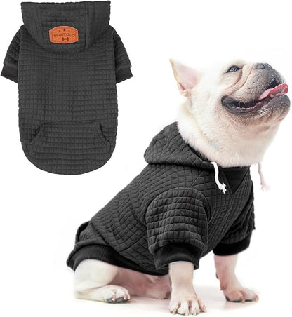 BEAUTYZOO Small Dog Hoodie Sweater with Pockets, Dog Clothes for Small Medium Dogs Boy Girl, Waffle-Like Laminated Cotton Pet Coats with Hat and Leash Hole, Black ML