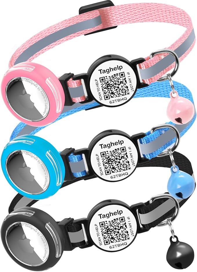 3 Pack-Waterproof Airtag Holder Cat Collar - Lightweight Kitten Collar for Apple Air Tag, Smart ID Tag - Solid & Safe, Reflective, Breakaway with Transparent Holder for GPS Tracker (3-Pack A)