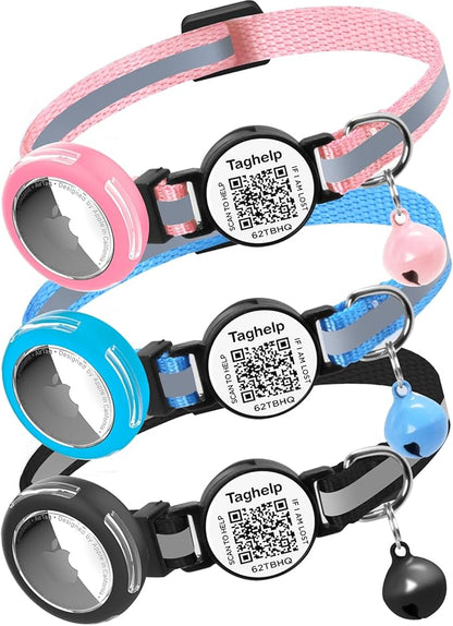 3 Pack-Waterproof Airtag Holder Cat Collar - Lightweight Kitten Collar for Apple Air Tag, Smart ID Tag - Solid & Safe, Reflective, Breakaway with Transparent Holder for GPS Tracker (3-Pack A)