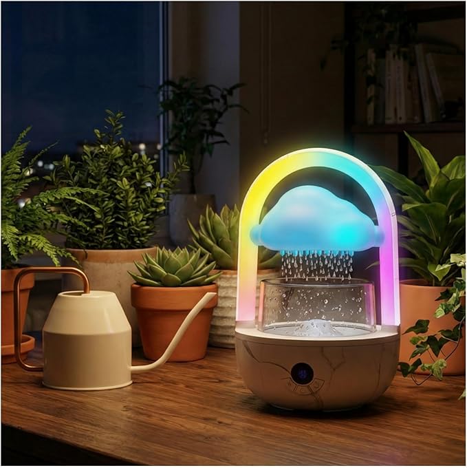 Relaxing Indoor Water Fountain with Gentle Rain Sounds, Weljoy Cloud Rainbow Rain Tabletop Fountain with Color Changing Lights, Wireless Design for Office Desk Meditation (White)