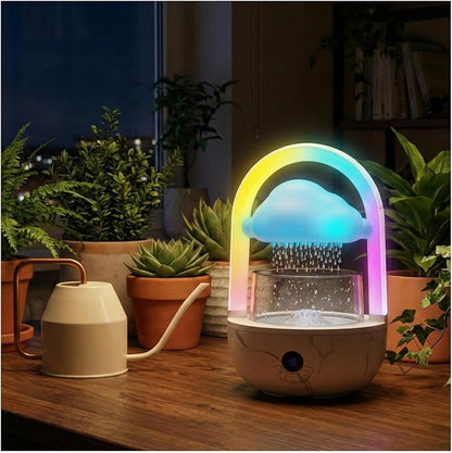 Relaxing Indoor Water Fountain with Gentle Rain Sounds, Weljoy Cloud Rainbow Rain Tabletop Fountain with Color Changing Lights, Wireless Design for Office Desk Meditation (White)