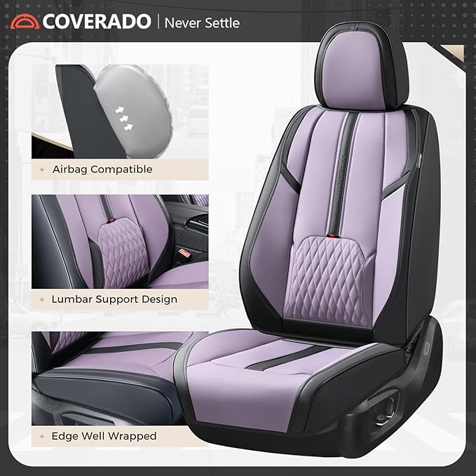 Coverado Front Seat Covers, 2 Pack Waterproof Seat Cover for Cars, Faux Leather Seat Covers with Lumbar Support, Car Seat Protectors Driver Car Seat Cushion Universal Fit for Most Cars (Black&Purple)
