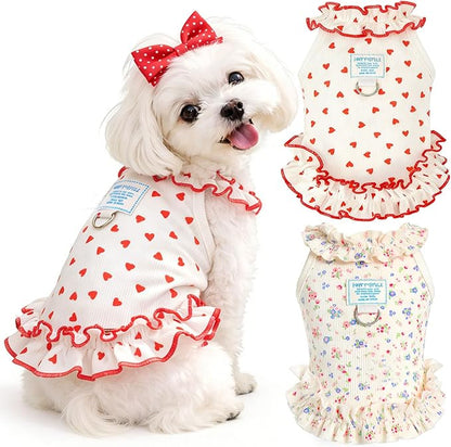 2 Pack Dog Cat Dresses for Small Dogs Girl Cute Heart & Floral Print Ruffle Sleeve Hem Breathable Stretchy Pet Puppy Cat Summer Clothes Outfits for Chihuahua Yorkie Teacup Extra Small Tiny Dogs