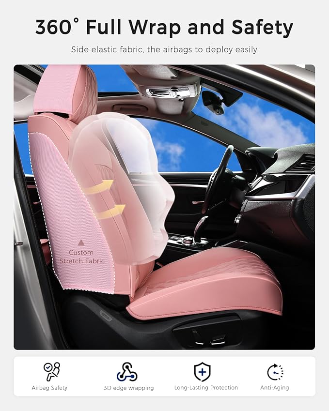 Huidasource Pink Seat Covers, Nappa Leather Car Seat Covers, Velcro Adjustable, Compatible with Airbags, Armrests, Child Seat, Seat Belts, Fit for Most Cars, Vans, Trucks, SUVs (Full Set/Pink)