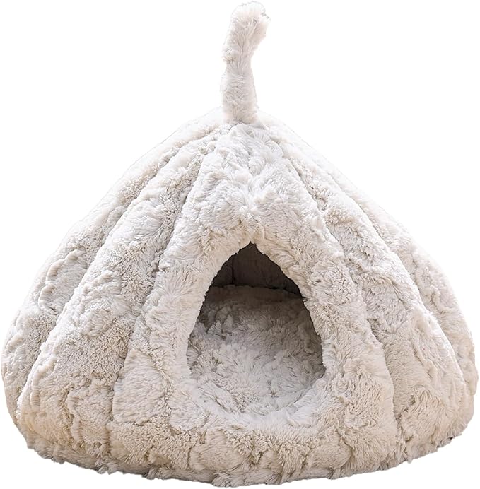 PetPals Round Cat Bed Small Pet Cave with Removeable and Washable Cushion, Super Soft Plush Pet Bed with Cover for Puppy and Kitten, Anti-Slip Bottom (Rose Hut)