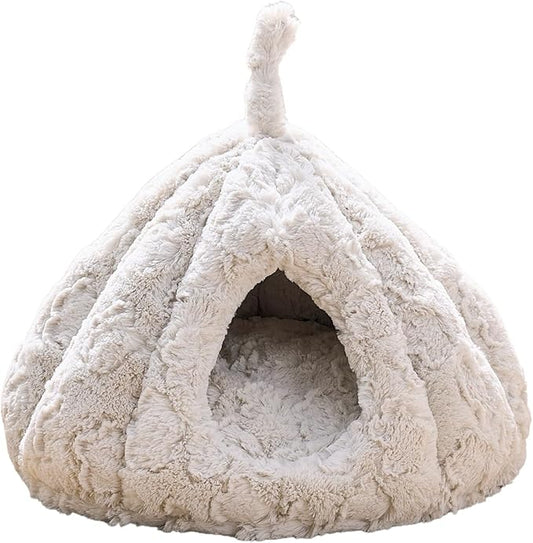PetPals Round Cat Bed Small Pet Cave with Removeable and Washable Cushion, Super Soft Plush Pet Bed with Cover for Puppy and Kitten, Anti-Slip Bottom (Rose Hut)