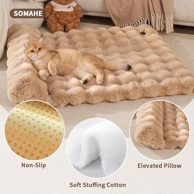 Plush Faux Fur Pet Bed Mat with Non-Slip Bottom, Self-Warming Cat Bed, Washable Pet Bed with Pillow for Cats & Medium Dogs, Machine Washable, 27x20 Inch, Coffee