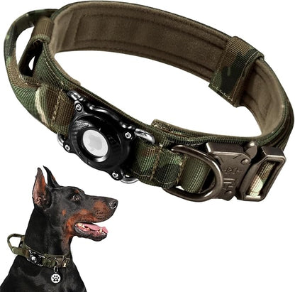 Tactical AirTag Dog Collar Waterproof with QR Code ID Tag, Military Training Dog Collar with Built-in AirTag Holder, Metal Buckle & Handle, GPS Tracking Collar for Medium to Large Dogs (Camo, L)