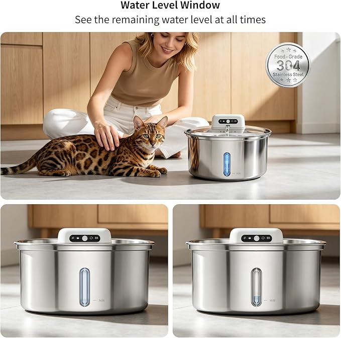 YFL Cordless Cat Water Fountain, 3.2L/108oz Stainless Steel Pet Water Fountain with Motion Sensor & Visual Filter, 4000mAh Battery Operated Quiet Cat Drinking Fountain for Cats & Dogs