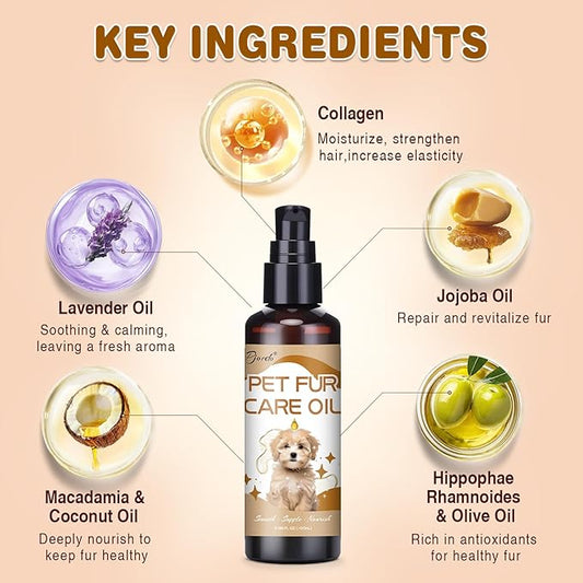 Pjordo Pet Fur Care Oil, 3.38 FL OZ Natural Oils with Collagen for Detangles, Reduces Shedding, Shiny & Silky Coat, Leave-in Conditioner for Dogs & Cats