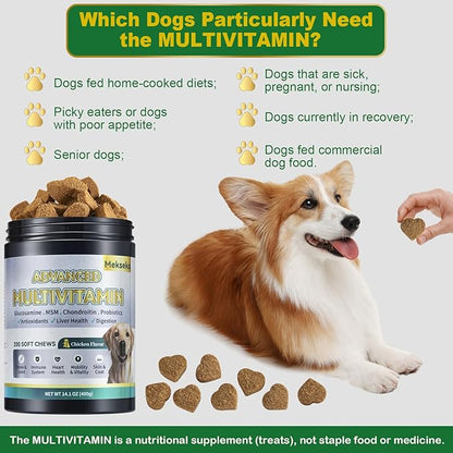 Advanced 24-in-1 Multivitamin Chews for Dogs - 200 Soft Chewable All-in-One Vitamin Support Supplement for Dog Skin Coat Itch Relief, Joints, Gut Health, 12 Essential Vitamins Treats with Omega-3