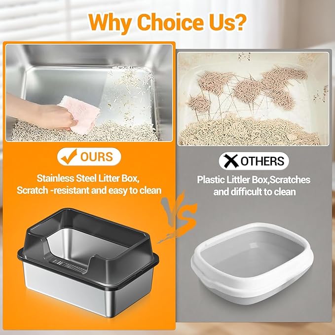 Enclosed Stainless Steel Cat Litter Box with Lid Extra Large Litter Box for Big Cats XL Metal Litter Pan Tray with High Wall Sides Enclosure, Non-Sticky, Anti-Leakage, Easy Cleaning