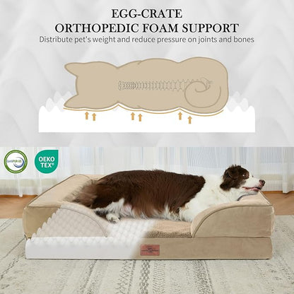 Comfort Expression Orthopedic Dog Bed for Extra Large Dogs 45x35 Inch, Waterproof Egg Crate Foam XL Pet Bed with Removable Bolsters, Dog Couch with Washable Cover & Non-Slip Bottom, Light Brown