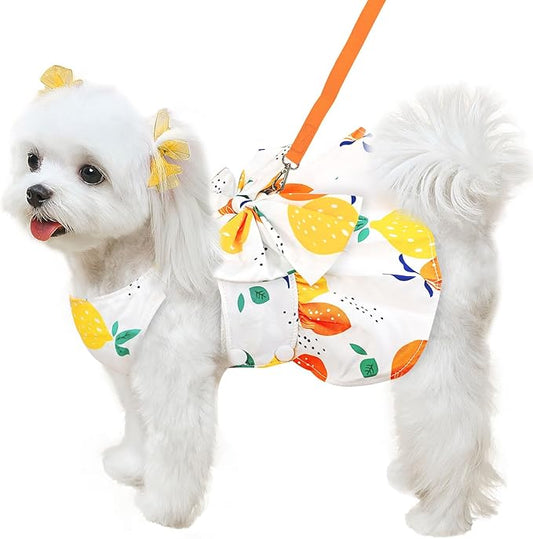 ABRRLO Cute Dog Dress Small Dog Clothes For Girls Female Puppy Outfits Yellow Lemon Pet Summer Clothes Bowknot Doggy Cat Princess Dress Harness for Holiday Birthday Party Costume Clothing (Yellow,XXL)