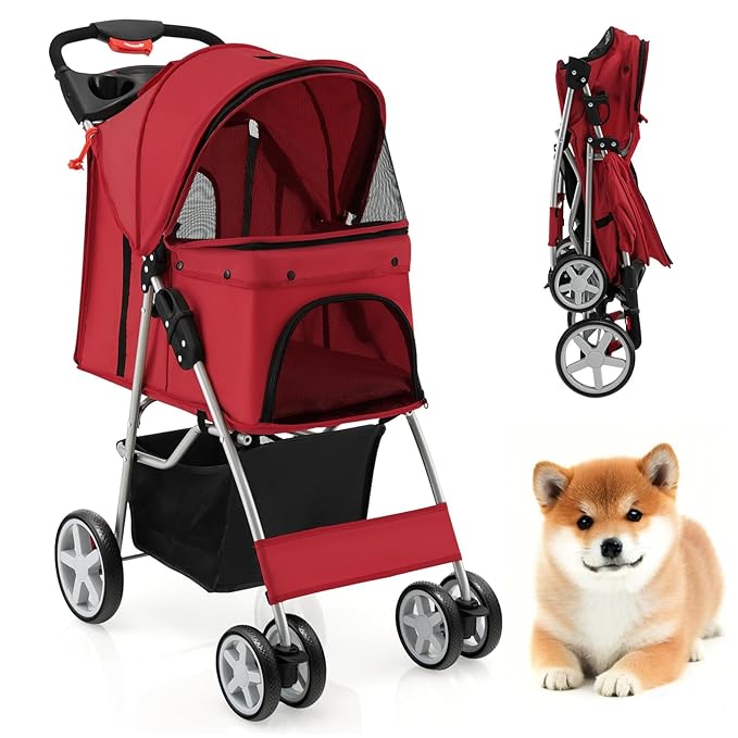 4 Wheels Dog Stroller, Foldable Pet Stroller for Small/Medium Dogs Cats, Cat Carrier with Storage Basket and Cup Holder, Pet Car Seat with Soft Pad, Red