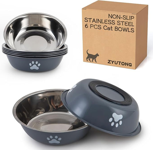 Stainless Steel Cat Bowl Set - Whisker Friendly Wide Shallow Cat Food Bowls, Non-Slip Cat Dishes, 6-Pack Cats Food & Water Bowls for Multi-Cat Homes, Indoor & Outdoor Use