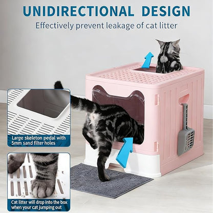 Cat Litter Box with Scoop, Large Foldable Litter Box with Lid & Drawer Tray, Top Entry Cat Litter Box, Odor Control, Easy to Clean for Small to Medium Cats (Pink, 19" L x 15.3" W x 15" H)