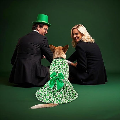 St. Patrick's Day Dog Costume Dress M – Lucky Clover and Horseshoe Design with Green Bow, Pet Outfit for 8-9 lbs Dogs and Cats, Holiday Party Clothes