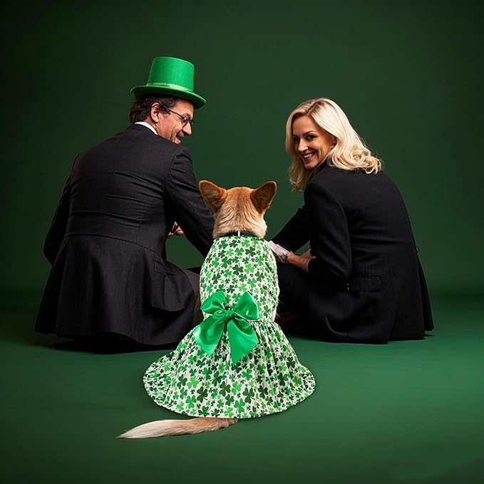 St. Patrick's Day Dog Costume Dress L, Green Clover Print with Satin Bow, White Pet Dress for 11-13 lbs Dogs and Cats, Holiday Party Clothing
