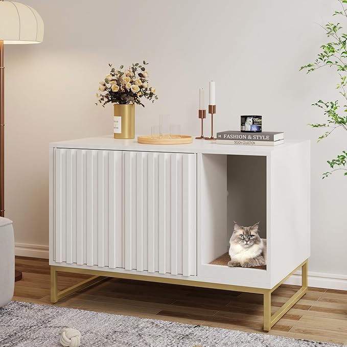 Halitaa Litter Box Enclosure, Modern Cat Litter Box Furniture Hidden Litter Box with Scratch Pad, Cat Washroom House End Table, Entryway Bench for Livingroom (White)